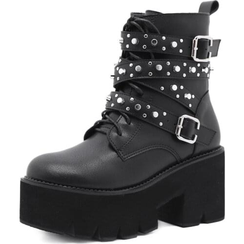 New Arrival Womens Ankle Boots Rivets Heeled Platform Shoes in Black size 40 41 42 qq049