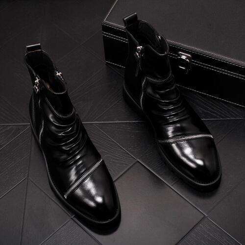 ERRFC New Arrival Fall Winter Mens Black Ankle Boots Luxury Pointed Toe Zipper Charm Pleated Man Short Fashion Boots Size 38-44