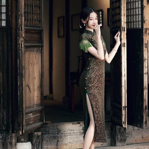 Classic Autumn Winter Flocking Chinese Dress Elegant Tassel Mandarin Collar Cheongsam Traditional Oriental Qipao Women Prom Gown