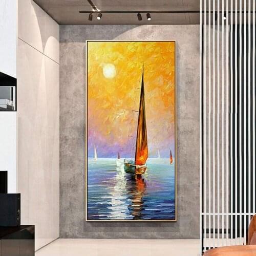 Beautiful Sea Scenery Sunrise On The Sea Sailboat Picture For Home Decor Handmade Oil Painting On Canvas Wall Poster For Room