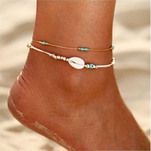 Fashion Jewelry Handmade Woven Anklet Shell Blue Eye Beads Anklet Set