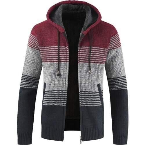 Sweater Coat Men 2020 Winter Thick Warm Hooded Cardigan Jumpers Men Striped Wool Liner Zipper Fleece Coats Men