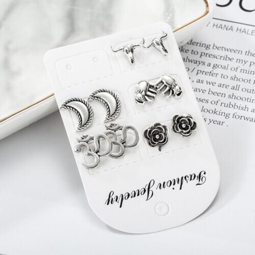 Vintage Elephant Flower Moon Stud Earring Set Simple Cow Head Earrings for Women Jewelry Making Lady Party Gift
