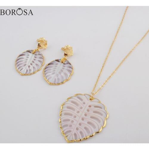 BOROSA New Gold Plating Hollow Leaf Shape White Shell Earrings Necklace Jewelry Sets Natural Shell Beach Jewelry as Gifts G1799
