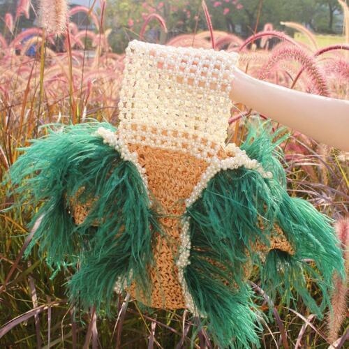 New Product Vacation 2020 Hand-made Pearl Ostrich Hair Natural Straw Women Handbag a5955