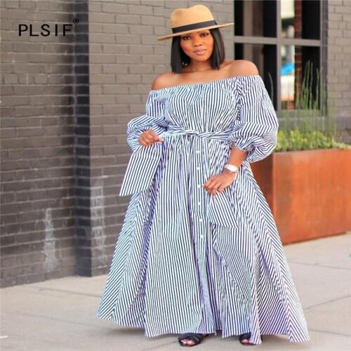 Strapless blue stripe backless long sleeve fit and flare dress sexy night club party lady fashion women long dress