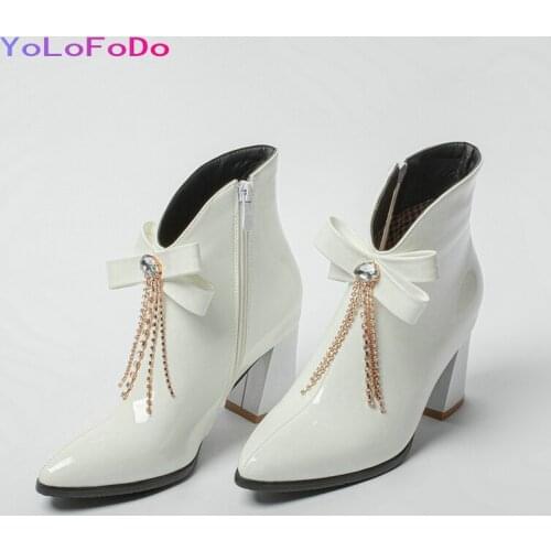 Plus Size 33-45 2021 Fall Winter Women Ankle Boots Patent PU Leather Fashion Butterfly Knot Short Boots Square High Heel Shoes