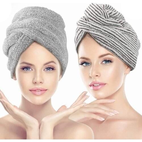 2x 10"x24" Microfiber Hair Towel Wrap for Women Gray Turban Drying Cap for Drying Curly Thick Hair Striped+Gypsophila