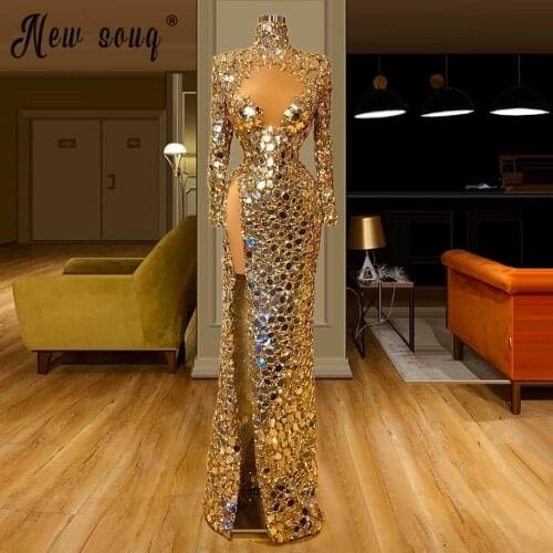 African Luxury High Neck Long Sleeve Gold Evening Dress 2021 Sparkly Mirror Rhinestones Prom Gowns Red Carpet Runway Gowns Robe