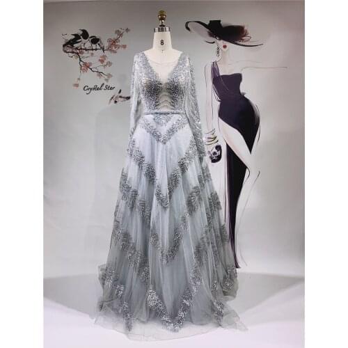 Dubai Grey A-Line Luxury Sexy Evening Dresses 2021 Long Sleeves Diamond Beading Formal Dress HO1055