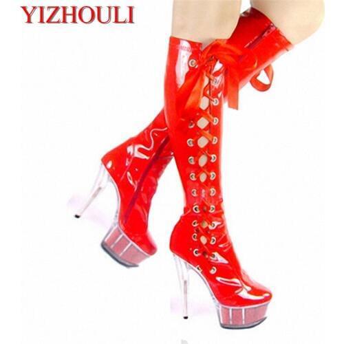 Wholesale HOT Fashion sexy 6 inch high heel knee boots clear Platform womens motorcycle boots 15cm pole dancing boots