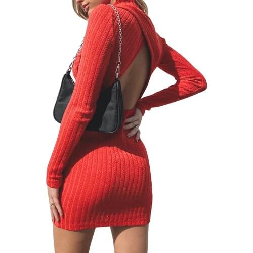 Sexy Open Back Dress Women Solid Long Sleeve Bodycon Dresses For Women 2021 Office Lady Mini Dress Female Autumn Vestidos D30