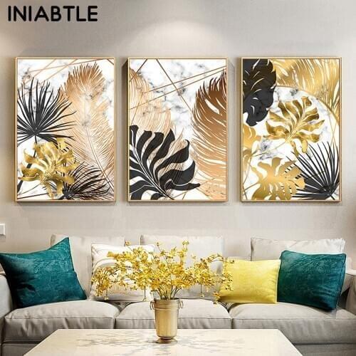 Nordic Plants Golden Leaf Canvas Painting Marble Posters And Prints Abstract Wall Art Pictures for Living Room Home Modern Decor