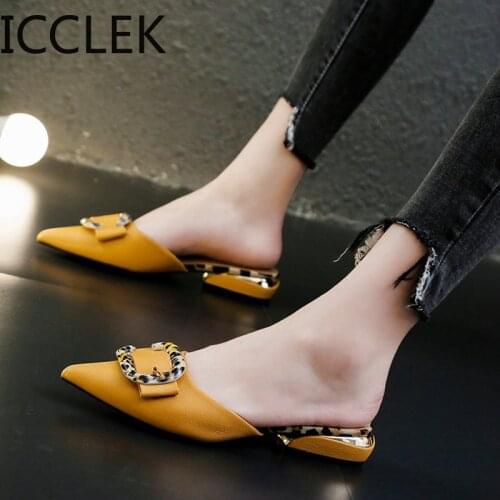 Leopard Buckle Leather Mules Shoes Women Pointed Toe Low Heel Slippers Sandals Summer Multicolor Closed Toe Slippers 2020 A052
