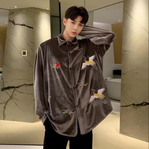 Spring Designer Models Korean Velvet Printing Pattern Embroidery Shirt Tide Brand Mens Loose Long-sleeved Shirt Singer