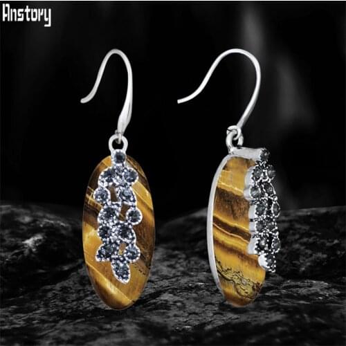 Vintage Eye Shape Natural Tiger Eye Earrings For Women Antqiue Silver Plated Natural Quartz Stone Crystal Plant Fashion Earring