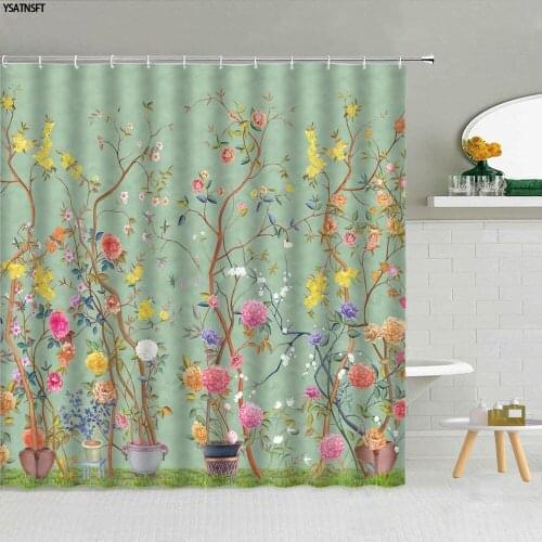 Chinese Style Flower Birds Shower Curtain Green Plant Creative Modeling Fabric Bathroom Supplies Hanging Curtains Decor Washable