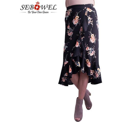 Sebowel 2019 Summer Floral Long Skirt Women Casual Ruffle Boho Midi Skirts for Beach Plus Size Female Sexy Wrap Bodycon Skirts