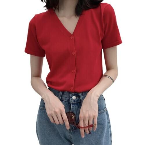 Women T Shirt V-neck Solid Short Sleeve Protection Breasted Summer Knitted Cardigan Clothing Camisa Mujer