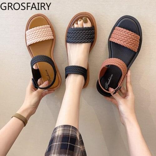 2021 Spring and Summer New Womens Sandals Buckle Flat-bottom Flat Shoes Lightweight Slippers Casual Roman Womens Sandals