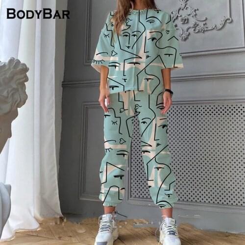 2021 Summer Abstract Face Print Suit Casual Round Neck Half Sleeve Top+Jogger Pants Womens Loose Tie-Dye Sports 2pcs Tracksuits