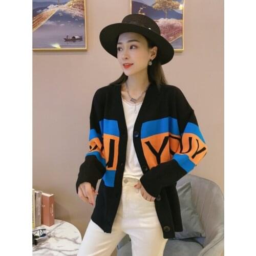 Letter Embroidery Knit Harajuku Women Cardigan 2021 Winter Warm Knitwear Sweater V-neck Korean Female Jumpers Knitted Jacket