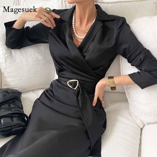 Long Sleeve Black Lady Office Dress Woman Spring Cross Lace Up Sashes Women Dress Elegant Fashion Long Dresses Vestidos 12799