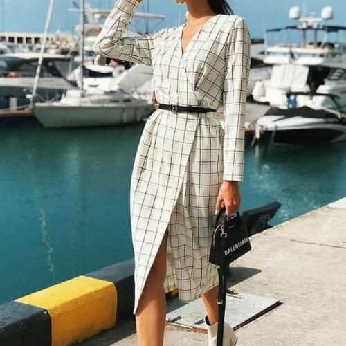 2021 Women Summer Spring Sexy V Neck Split Dress Elegant Office Lady Long Sleeve Workwear Sashes Plaid Wrap Midi Party Dresses