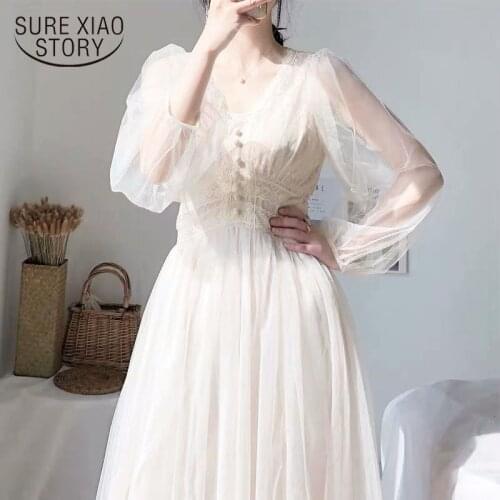 2020 Spring Plus Size Dress Elegant Button A-Line Vestidos Solid Puff Sleeve Empire V-Neck Lace Voile Mesh Dress Women 8126 50