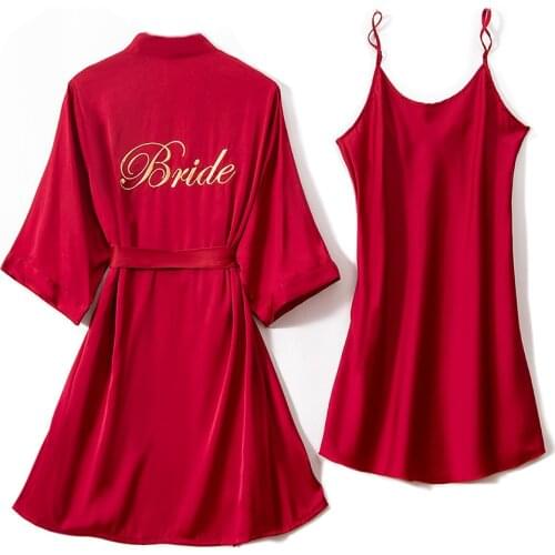 2PCS Kimono Bathrobe Gown Embroidery Letter Women Burgundy Bride Bridesmaid Wedding Sleepwear Casual Nightgown Intimate Lingerie