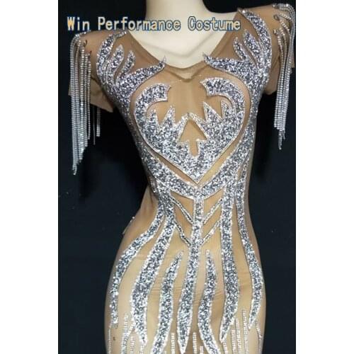 Sparkly Silver Rhinestone Mirror Elastic fabric short Dress Women Birthday Stage play Celebrate Dress Dancer Party Show Dress