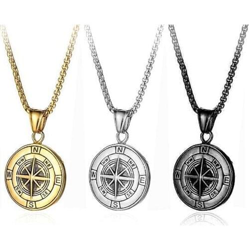 HNSP Hip Hop Rock Round Compass Pendant Necklace For Men Male Boy Gift Stainless steel chain