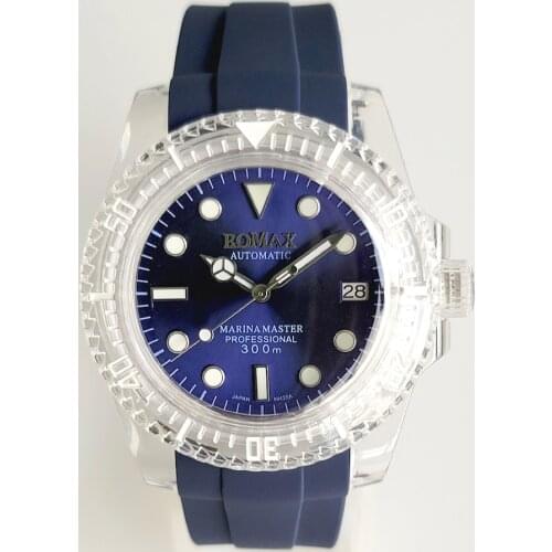 2021 watch is equipped with Japanese NH35 automatic movement, 40mm acrylic transparent case, blue silicone strap, green luminous