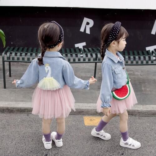 2020 Girls Denim Jacket Autumn Girls Clothing Swan Denim Jacket Girl Lace Princess Dress +Coats 2 PCS Kids Children Outerwear