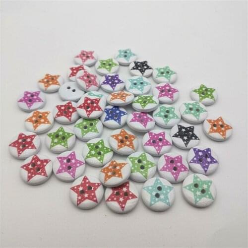 100pcs 15mm Mixed Stars Printed Round 2 Holes Wood Buttons For Scrapbooking Decorative Crafts Sewing Accessories Embellishments