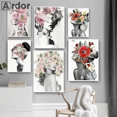 Fashion Women Head Flower Poster Sexy Girls Wall Art Canvas Painting Butterfly Art Prints Modern Pictures Living Room Home Decor