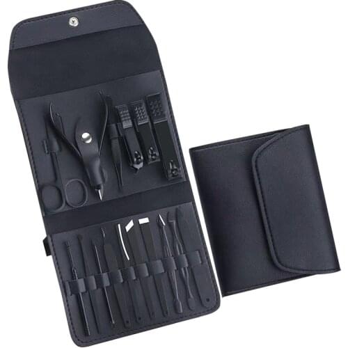 16Pcs Profession Nail Clippers Set Black Stainless Steel Sharp Nail Trimmer Pedicure and Manicure Set With Pu Bag For Men/Women