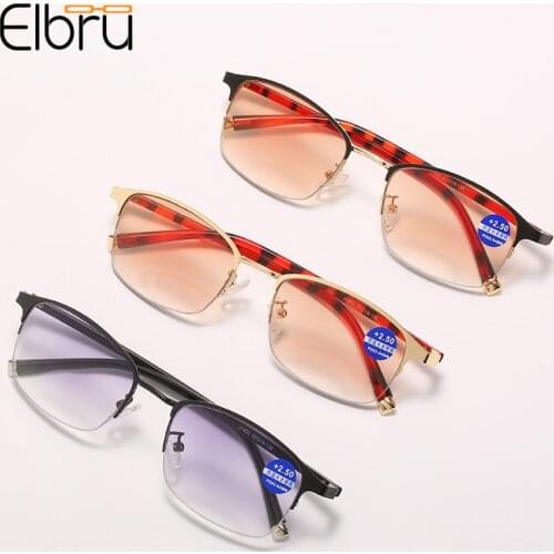 Elbru Anti Blue Light Bifocals Reading Glasses Metal Frame Gradient Color Clear Lens Presbyopic Eyeglasses Diopters +1.0 to +3.5