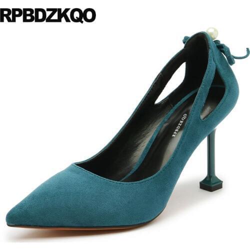 Ladies Dress Shoes Bow Sweet Green Peach Pumps 3 Inch Size 4 34 Chic Pearl Nude Suede 2018 Discount High Heels Pointed Toe Thin