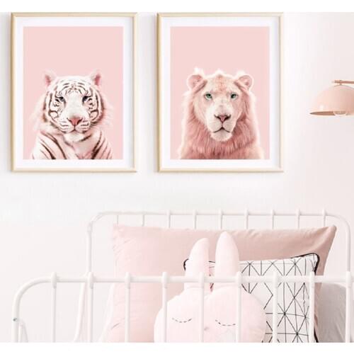 Pink Panther Prints Lion Tiger Poster Blush Pastel Pink Background Wild Animals Canvas Painting Wall Art Kids Room Nursery Decor