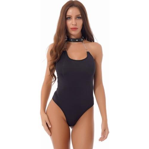 Sexy Lingerie for Women Black Halter Neck O Ring Chain Leotard Bodysuit Sleeveless Backless Stretchy Onepiece Swimsuit Nightwear