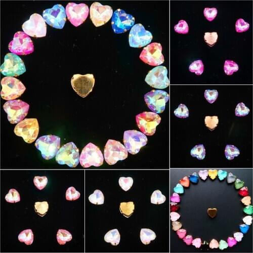 Heart shape gold claw settings 20pcs/p 10mm jelly candy & AB glass Crystal Sew on rhinestone bead shoes bags handicraft diy trim