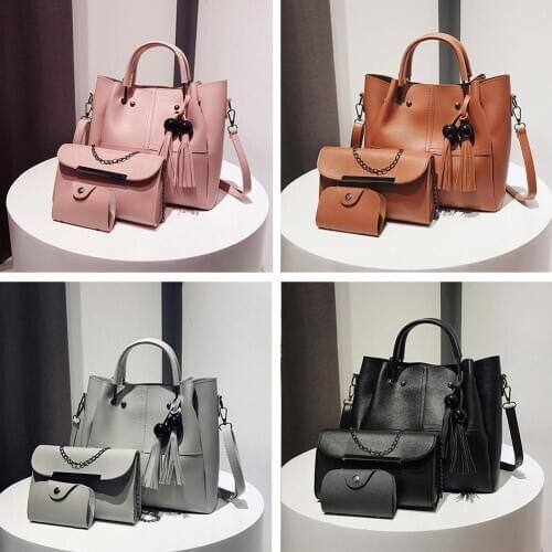 3pcs/set Portable PU Leather Shoulder Bucket Handbags Fashion Beads Tassel Womens Crossbody Bag Casual Large Capacity Tote Bags