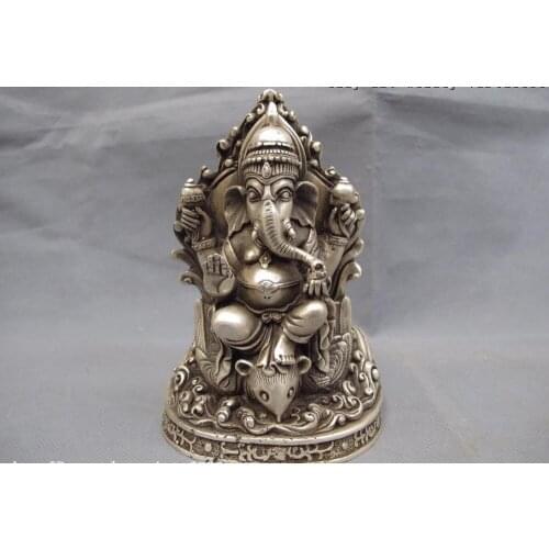Tibet Buddhism Temple White Copper Silver Ganapati Elephant God of wealth Statue