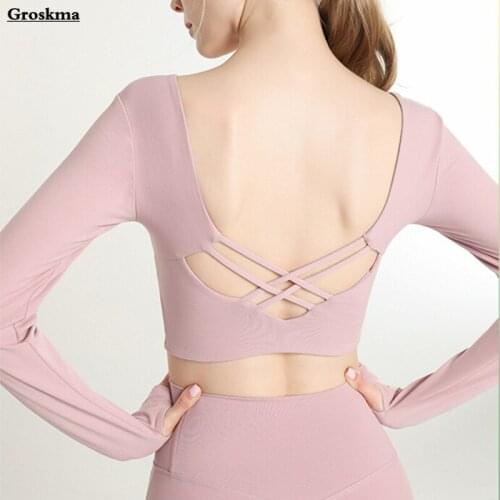 Long sleeve crop top yoga t shirt women backless quick dry sports running tshirts chest pad fitness gym top clothing outdoor
