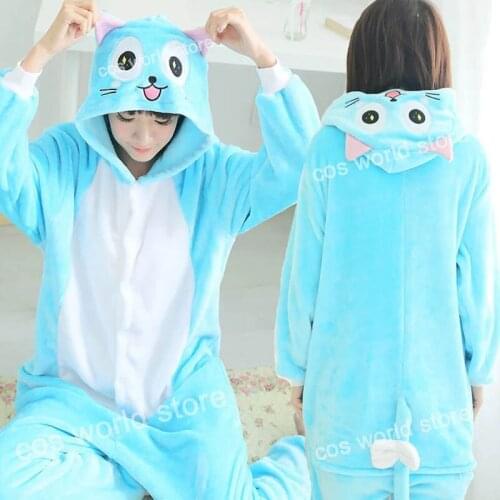 High Quality Men Women Sleepwear Animal Fairy Tail Happy Cat Pajamas Cartoon Winter Sleepwear One-piece Pajamas Cosplay Unisex