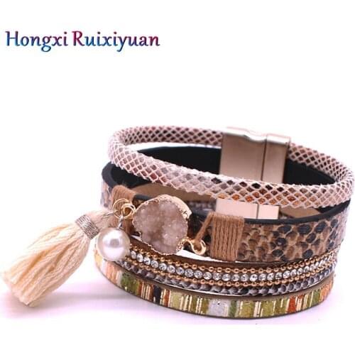 Jewelry leather bracelet handmade multi-layer leather bracelets for women bohemian natural stone fringed woven charm bracelet