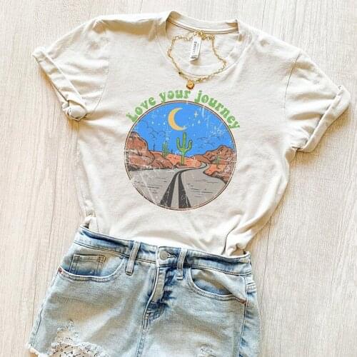 Love Your Journey Vintage Desert Cactus Print Graphic Tees For Ladies White Short Sleeve Cotton Tops Tumblr Trendy Causal Tshirt