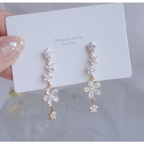 Romantic Sweet Long Design Fower Women Earrings Bling AAA Zironia Stud Earring Wedding Jewelry Pendant Birthday Gift Accessories