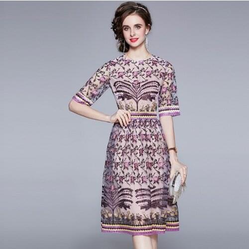 JSXDHK Fashion Runway Women O Neck Dress Luxury Summer Mesh Floral Embroidery Short Sleeve High Waist Female Vintage Party Dress